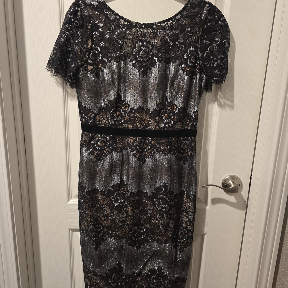 BCBGMaxAzria Black Lace Overlay on Metallic Silver Midi Dress